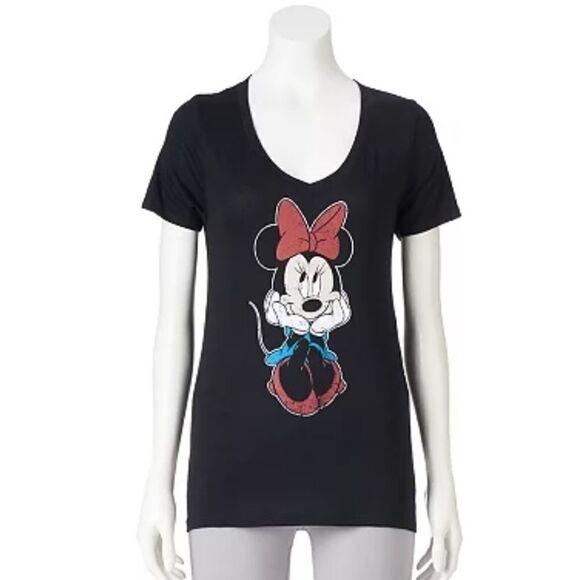 Disney Minnie Mouse V Neck Short Sleeve Black T Shirt Size Large - Picture 1 of 3